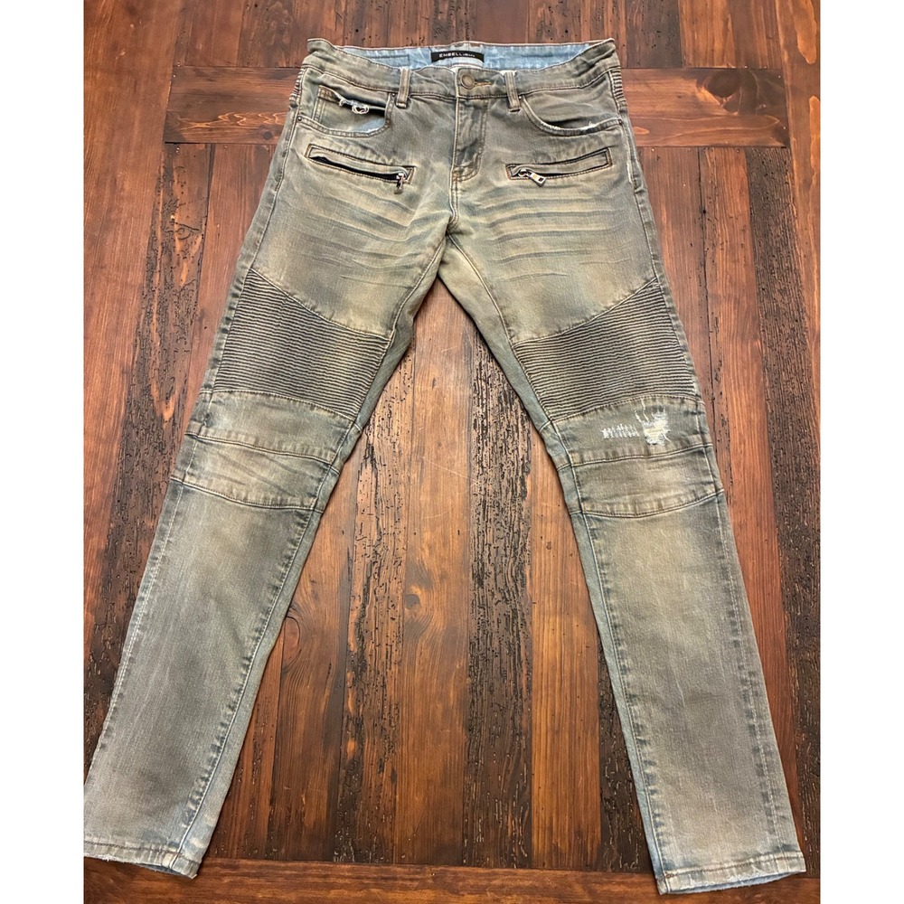 Embellish Designer Streetwear Jeans Men's 30x31 Biker Distressed Knee Pad Ribbed